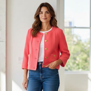 CHANEL Vintage Wool Coral Tweed Boucle Blazer Jacket with Gold Buttons Size 8-10